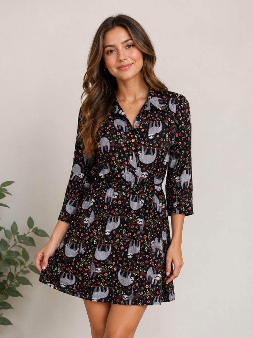 Paper Plane London Sloth Print Shirt Dress Whimsical Button Front Midi | Size S